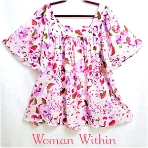 Women Within, Feminine Floral Fluttery Blouse, Easy Care, Size 1X